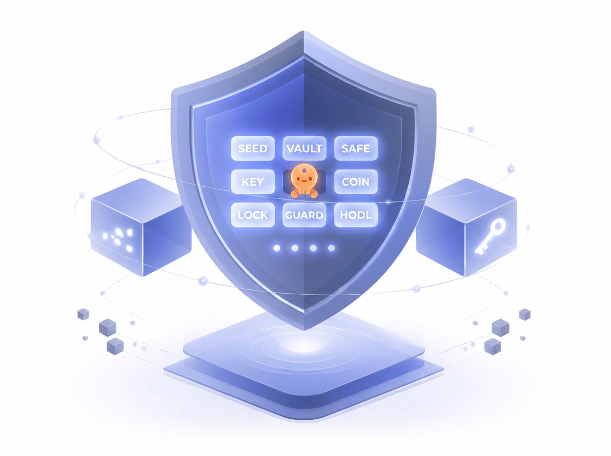 Abstract shield protecting digital seed phrases and private keys